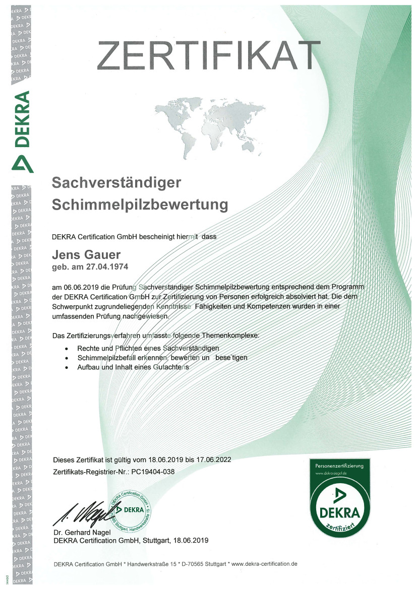 DEKRA Zertifikat Schimmelpilzbewertung Jens Gauer